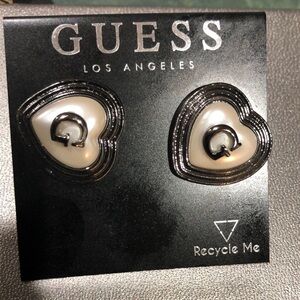 Guess silver heart shaped faux‎ pearl inset G monogram stud earrings brand new